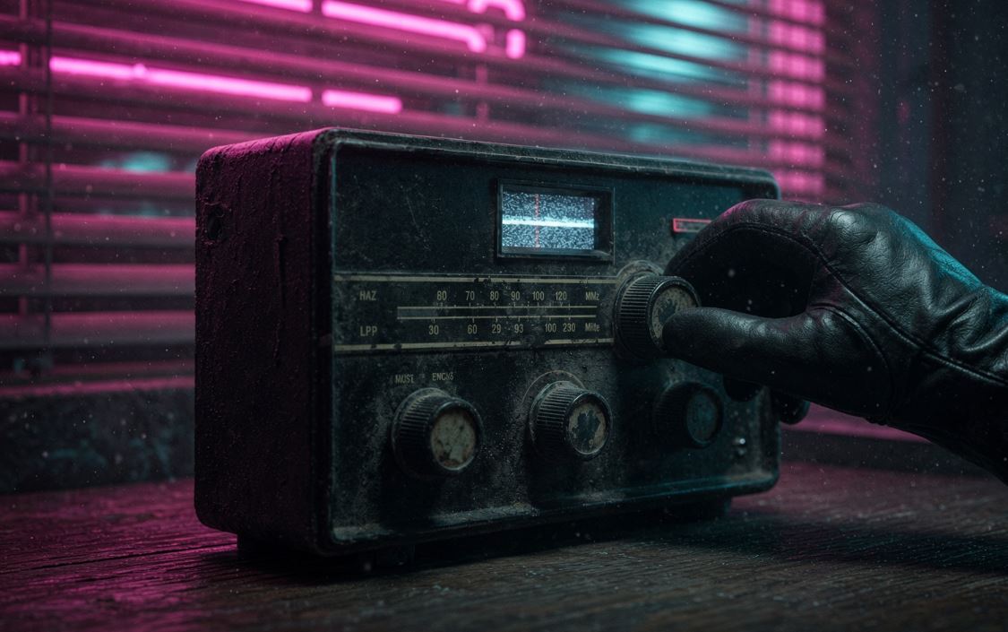 Gloved hand tuning a weathered radio under neon pink blinds